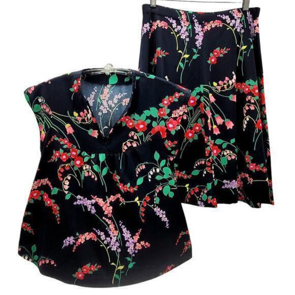 HP Vintage Navy Floral Baby Doll Short Sleeve Midi‎ A-line 2 Piece Skirt Set